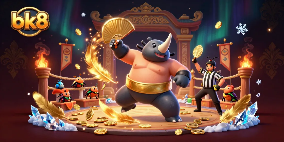 Experience the thrill of bk8's dynamic gambling scene with a mesmerizing sumo beetle and coins flying.