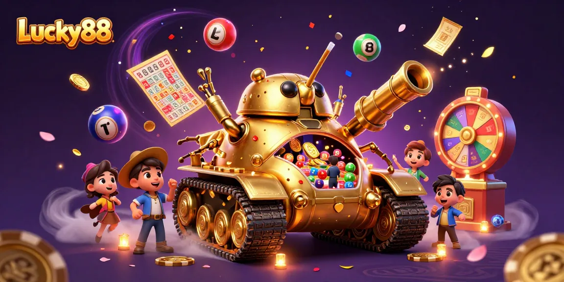 Spin and win at Lucky88 with a colorful dynamic casino scene featuring vibrant lottery balls and a golden beetle tank.
