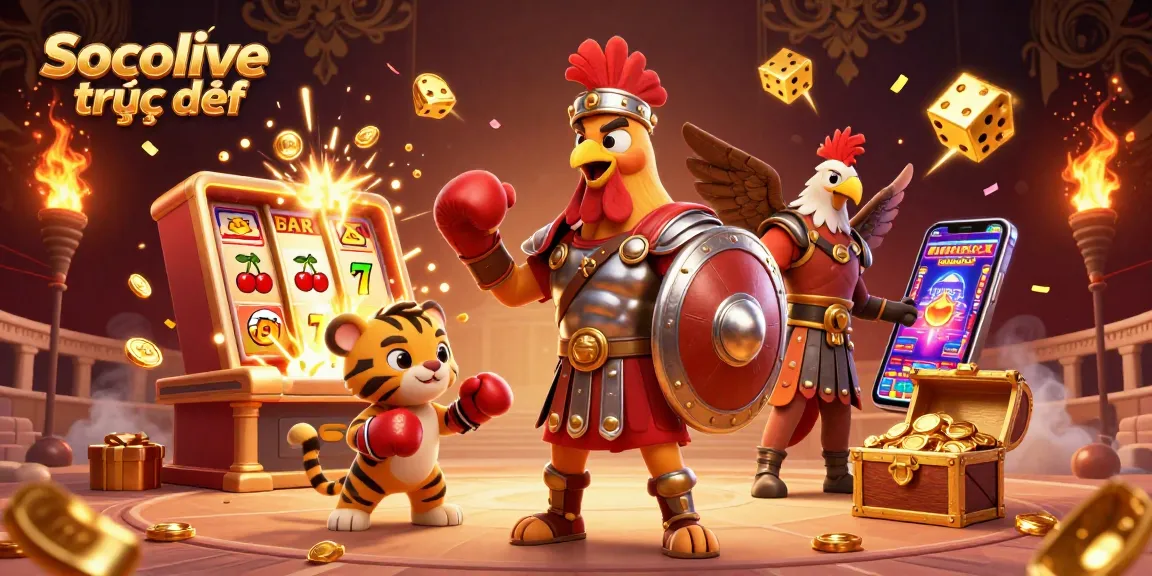Socolive trực tiếp features engaging 3D characters in a vibrant casino scene, showcasing exciting betting elements.