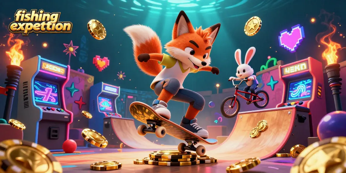 Experience an exciting fishing expedition with a skateboarder fox and BMX rabbit amid casino-themed elements.