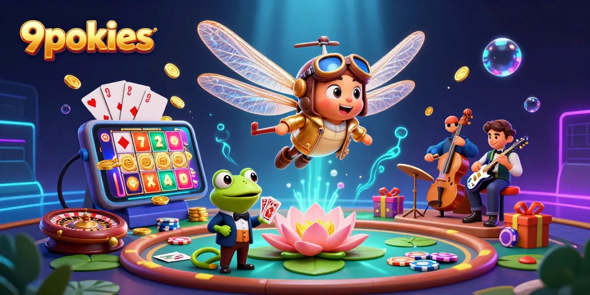 Play vibrant games with 9pokies as a dragonfly pilot and frog croupier bring fun to your betting.