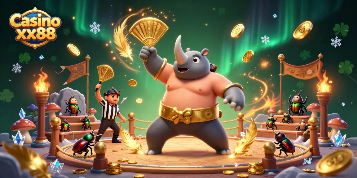 Experience the excitement of Casino xx88 with a sumo beetle champion winning stacks of gold coins.