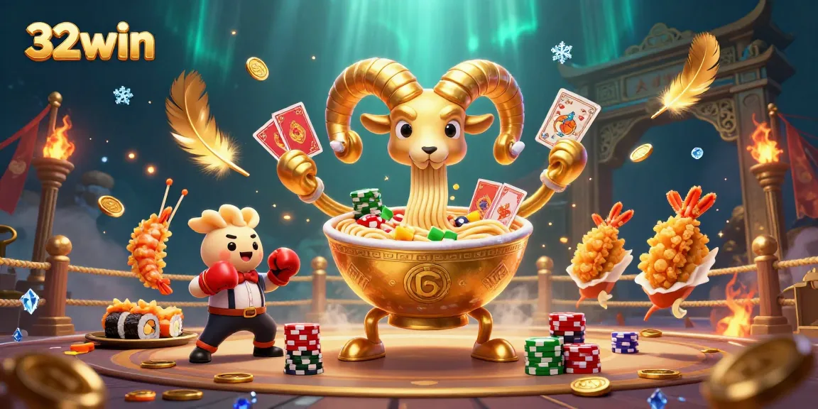 Engaging 3D illustration of 32win featuring vibrant casino elements with animated characters and lively atmosphere.
