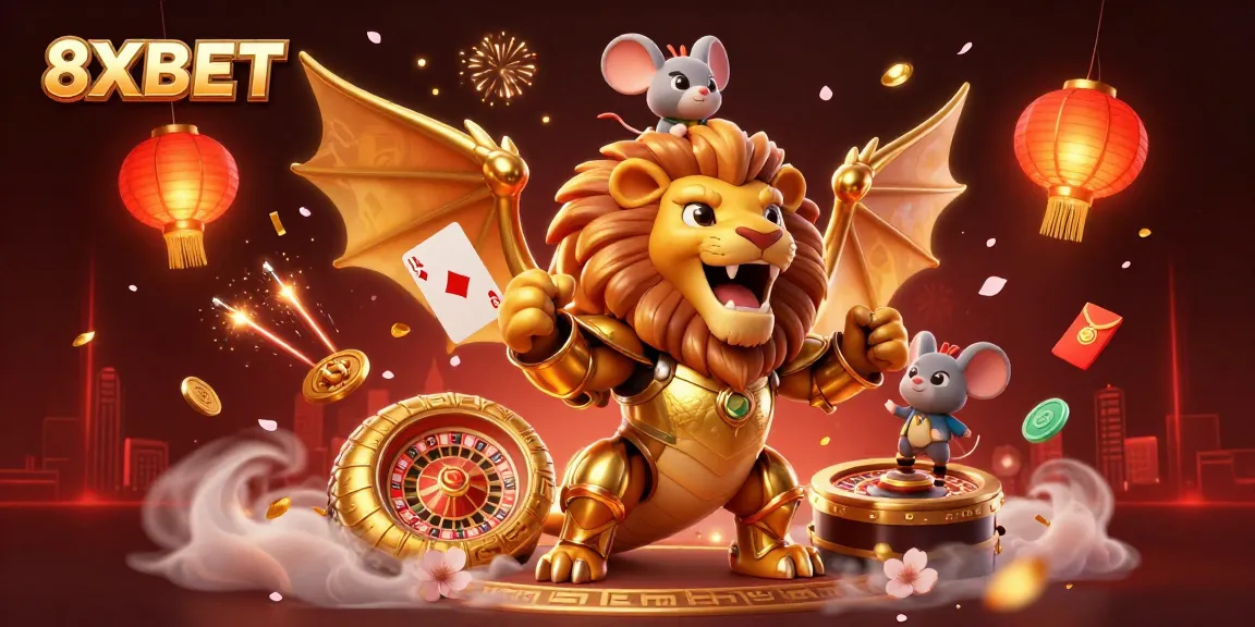Experience thrilling live casino action with 8XBET as a chimera creature roars triumphantly over dynamic game elements.