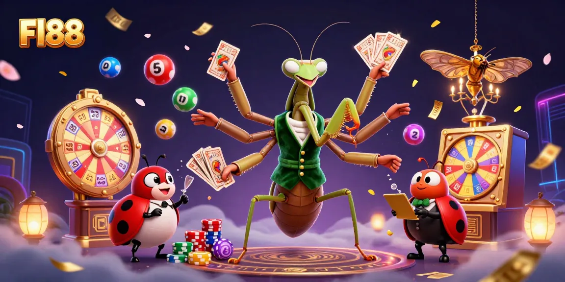 Fl88 giant mantis card sharp dealing cards and pouring champagne amidst colorful lottery elements