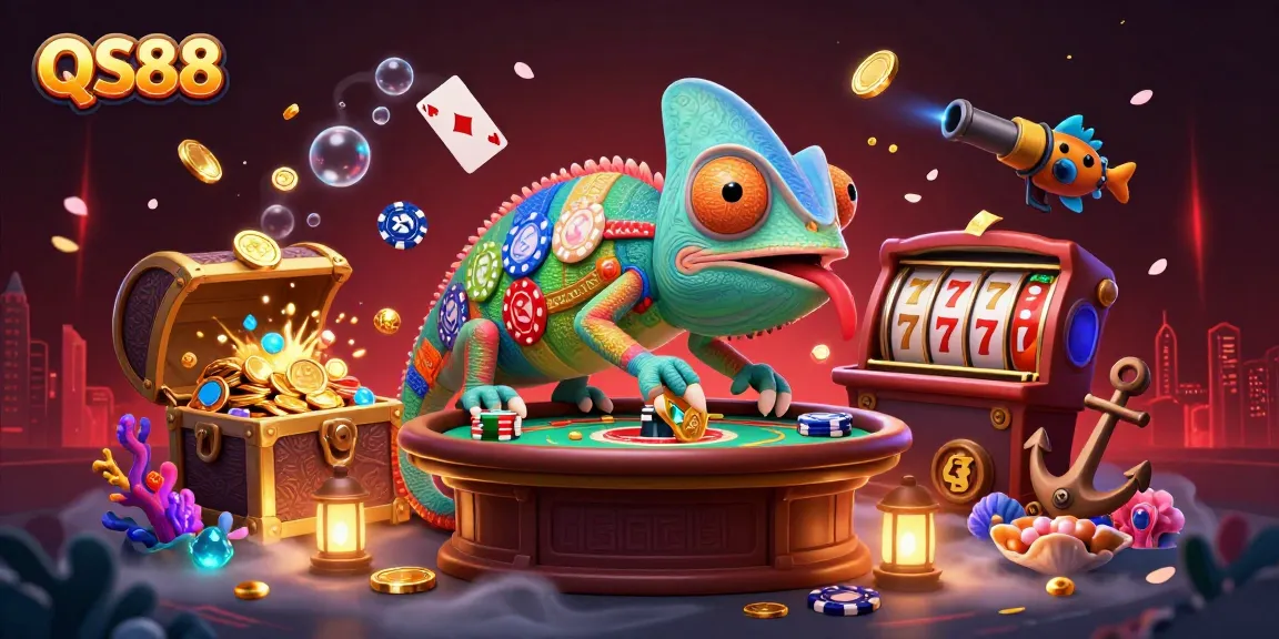 Engage with QS88, where a colorful chameleon casino owner watches over vibrant gaming elements.