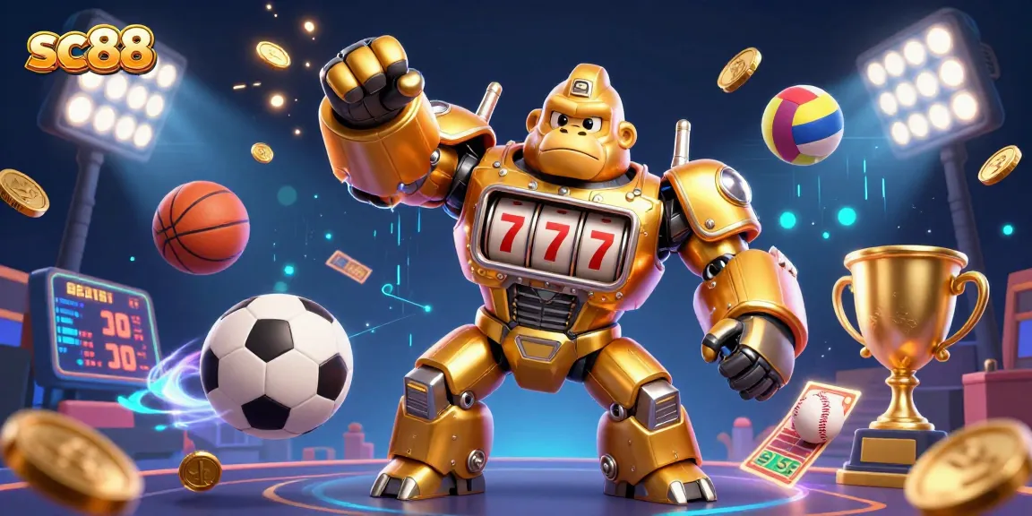 Experience thrilling slots action with sc88's golden gorilla mech in an exciting casino scene.