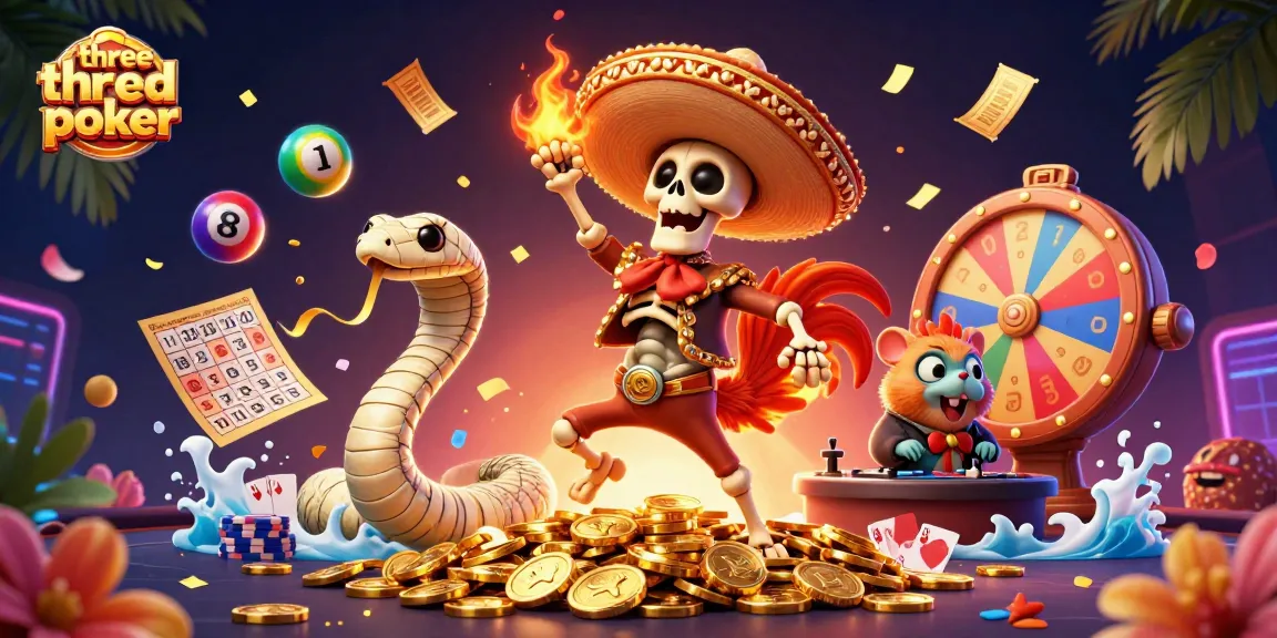 Engage in three card poker excitement with a vibrant casino-themed illustration featuring dynamic characters and elements.