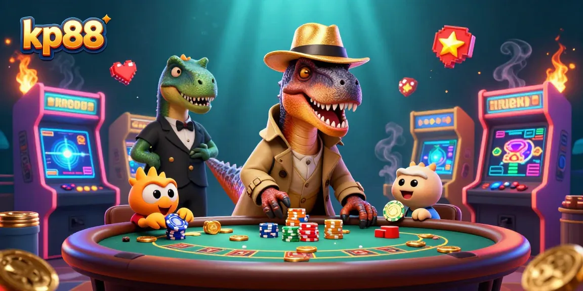Join kp88 in a vibrant 3D gambling scene with cartoon characters at a blackjack table.