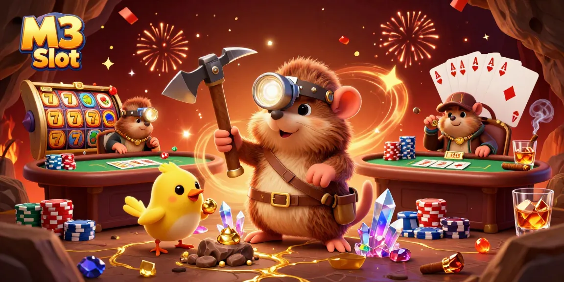 Engage with M3 Slot action featuring a mole mining gems amid stacks of poker chips and vibrant casino elements.