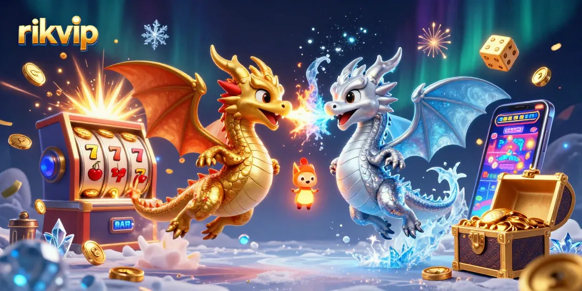 Experience excitement with rikvip as dragons breathe fire and ice in a vibrant casino scene.