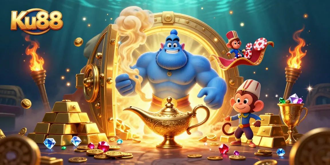 Engage with Ku88's vibrant casino atmosphere featuring a genie, treasure, and poker chips.