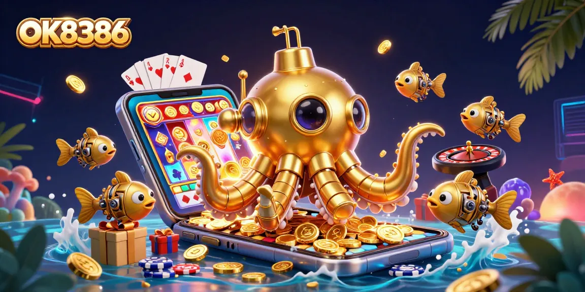 Experience thrilling casino adventures with OK8386's golden kraken and vibrant gaming elements.