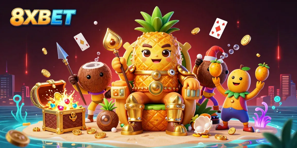 Engage in thrilling action with 8XBET at a lively beach casino featuring a pineapple king and tropical treasures.
