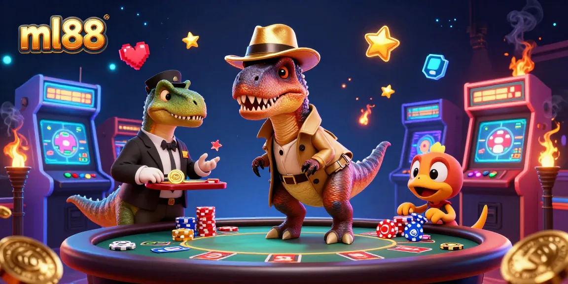 Experience thrilling gameplay at ml88 with a clever velociraptor card counter amidst vibrant casino elements.