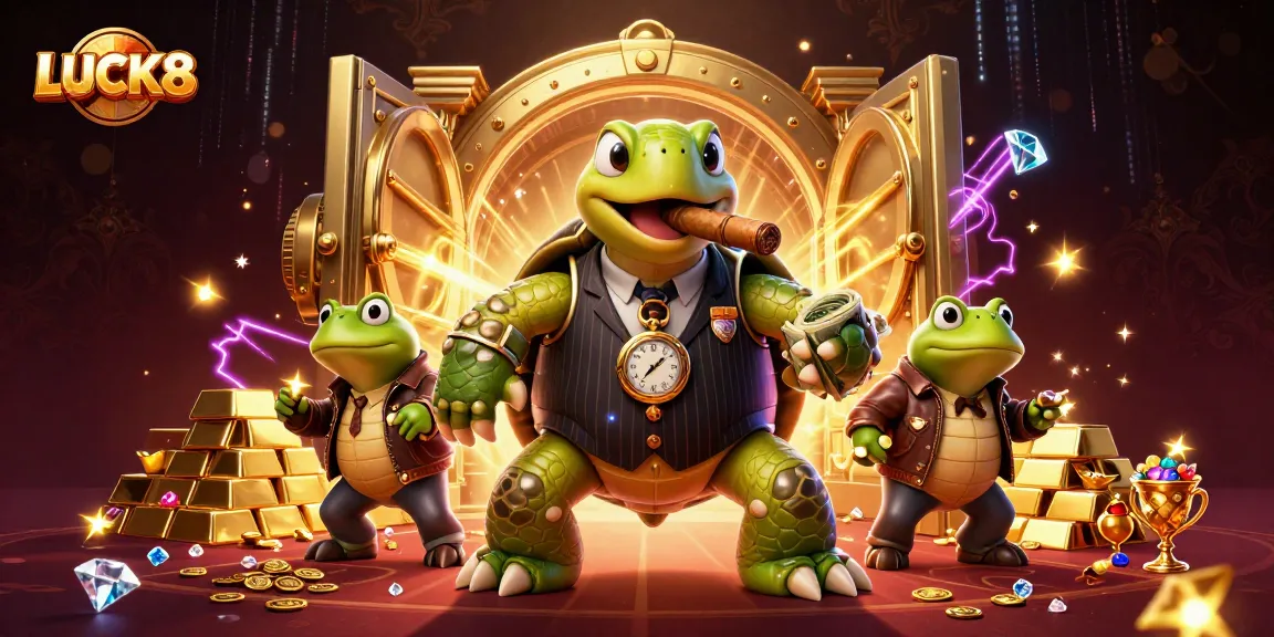 Engage in thrilling gameplay at LUCK8 with a lively 3D casino scene featuring vibrant characters and gold treasures.