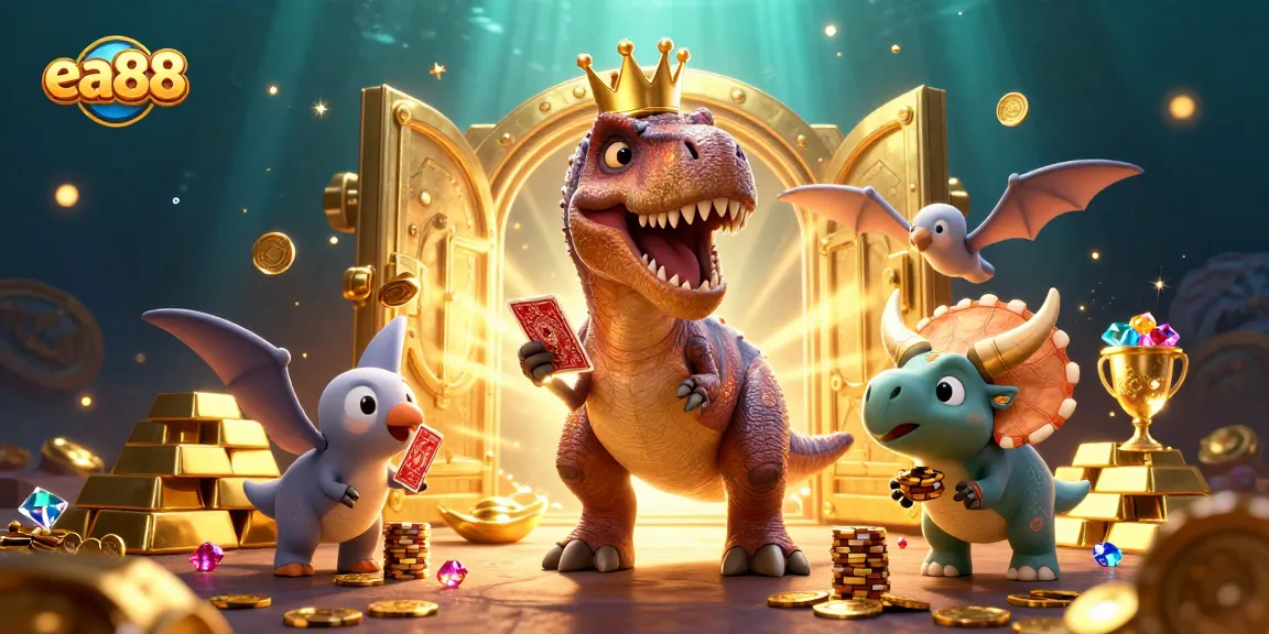 ea88 entertains with a cartoon T-Rex shuffling cards, surrounded by gold and gaming treasures.