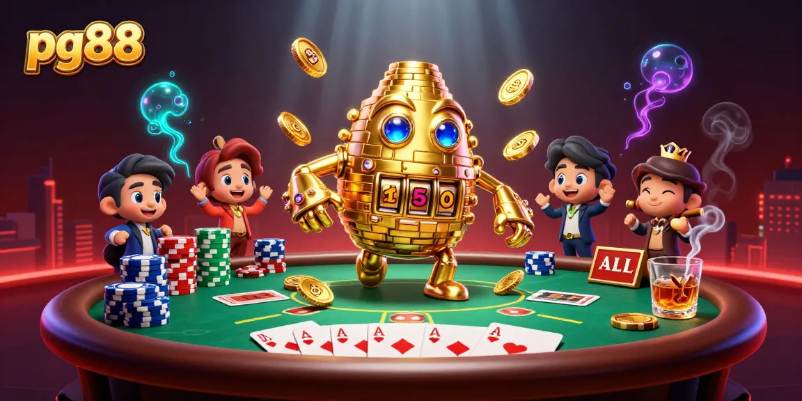 Engage in thrilling casino gameplay with pg88's vibrant 3D illustration showcasing a golden golem, poker elements, and dazzling effects.