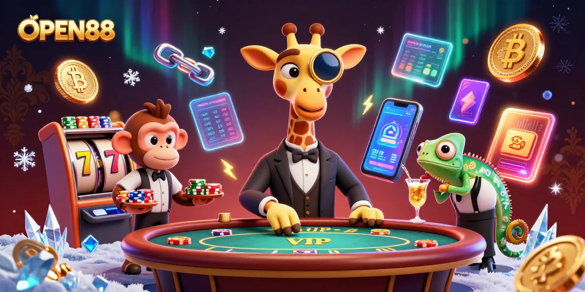 Experience the excitement of OPEN88 with a rich 3D scene showcasing high-roller giraffe and vibrant casino elements.