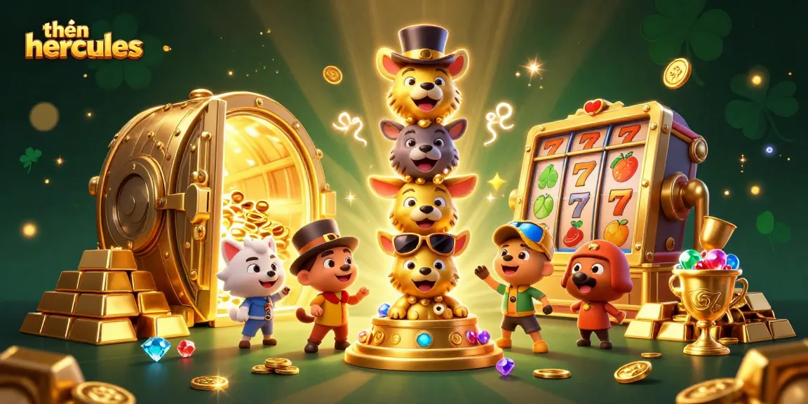 Experience the thrill of thần hercules with vibrant slot gaming elements and a dazzling treasure backdrop.