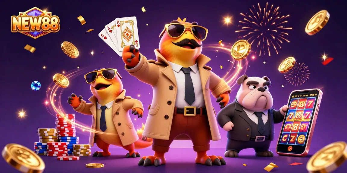 NEW88 showcases three raptors in disguise trying to enter a casino lounge amidst flying coins.