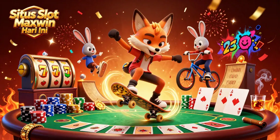 Situs Slot Maxwin Hari Ini showcases dynamic gambling action with 3D fox and rabbit in a vibrant casino scene.