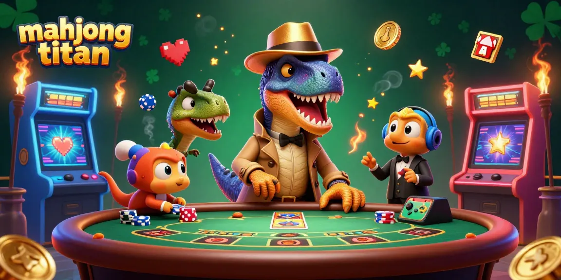 Engage in Mahjong Titan strategies with 3D cartoon velociraptor card counter amidst a vibrant casino scene.