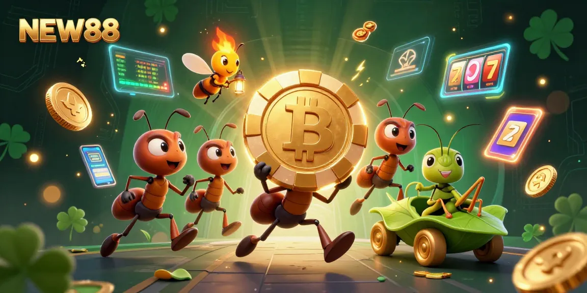 Join the heist with NEW88 as ants carry a golden poker chip amidst vibrant casino elements!