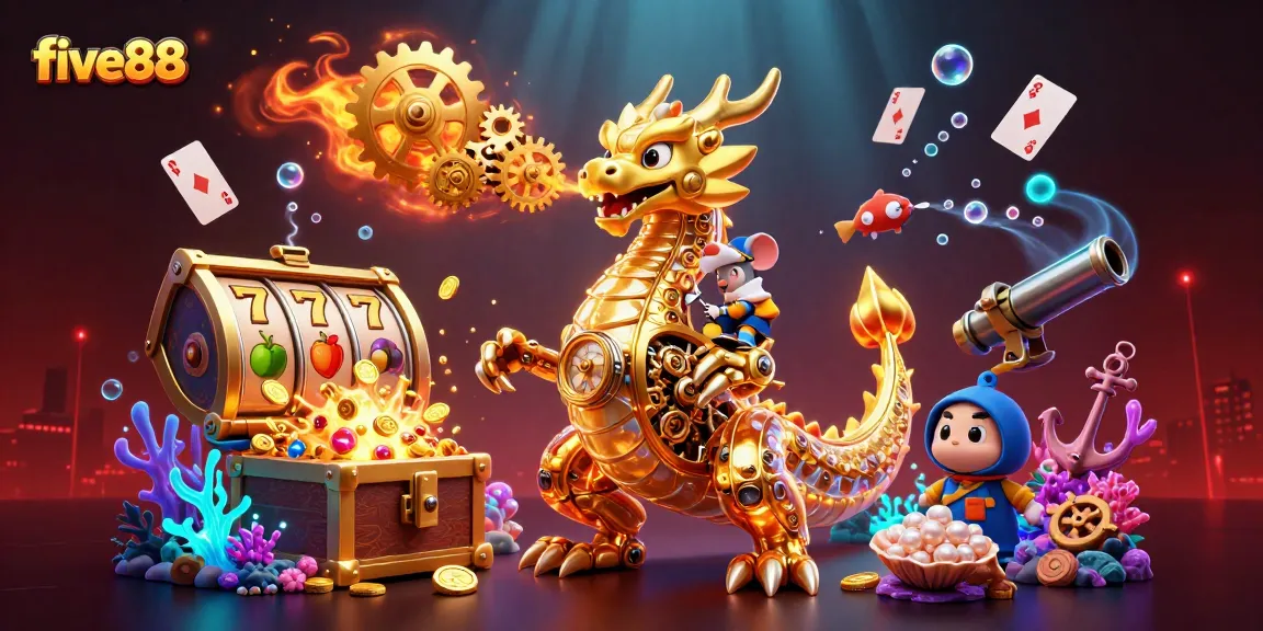 Experience thrilling gameplay at five88 with a dynamic 3D scene showcasing a dragon and gold treasures.