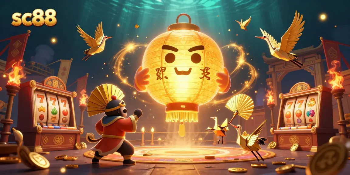 Experience the thrill of sc88 with a vibrant 3D casino scene featuring golden lanterns and slot machine action.