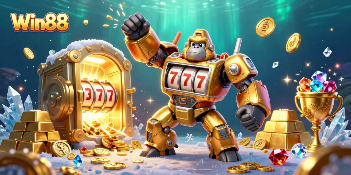 Win88 showcases 3D gorilla mech amid golden treasures and rare gems in a dynamic casino scene.