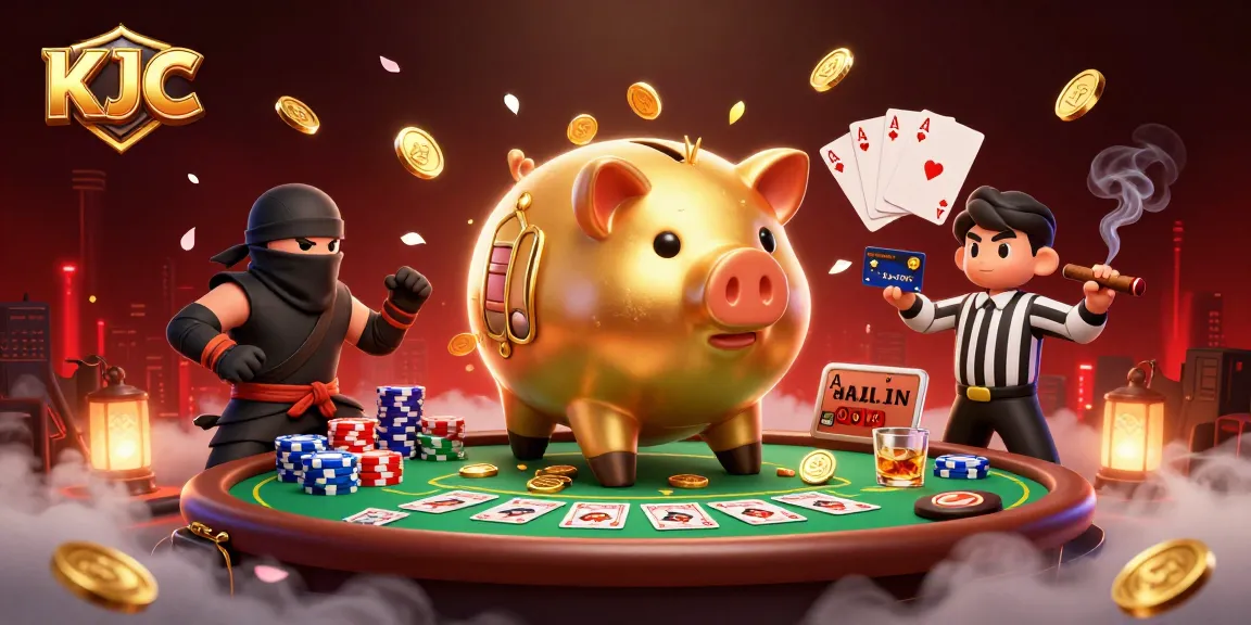 KJC engages players with a dynamic 3D casino scene featuring vibrant characters and gambling elements.