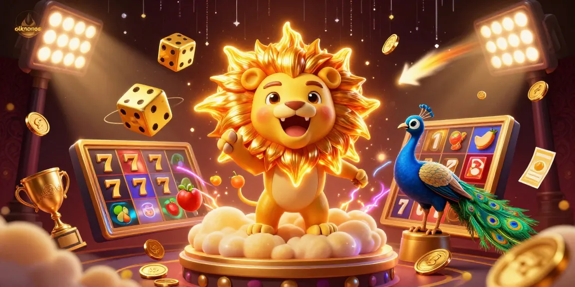 Experience the excitement of oikonomos with vibrant casino elements and a roaring sun lion in a dynamic scene.
