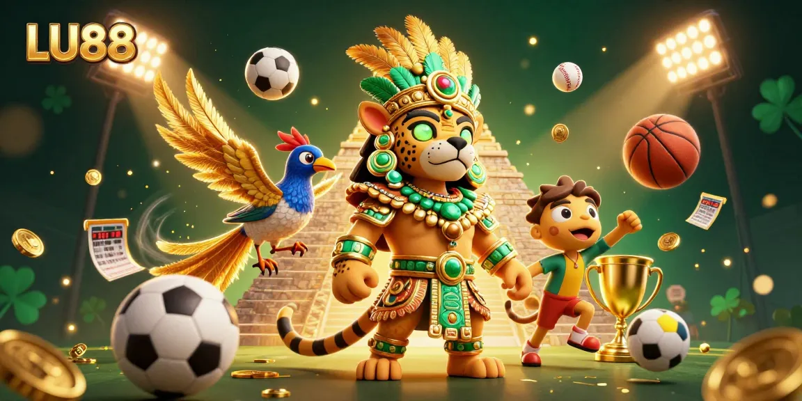 LU88 engages players with an exciting 3D casino illustration showcasing vibrant sports elements and immersive gaming.