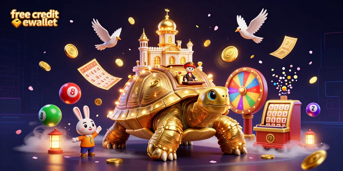 Experience free credit ewallet in an ultra-detailed 3D casino scene with vibrant lottery elements and a golden tortoise.