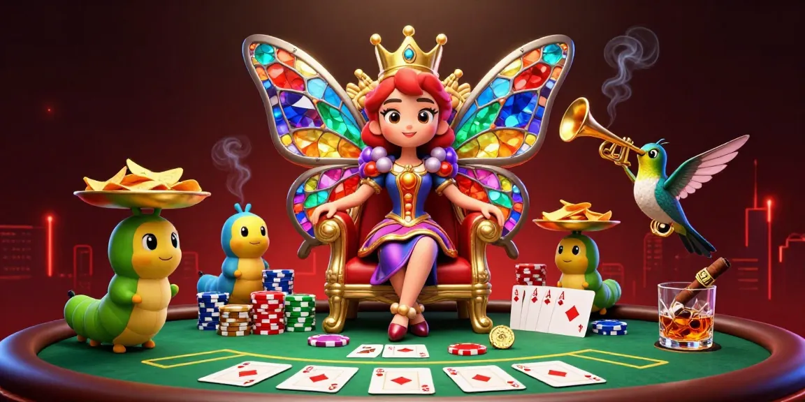 Play exciting games at alo8 with a vibrant 3D casino illustration featuring poker, chips, and a butterfly queen.