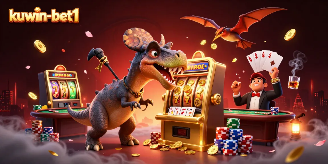 kuwin-bet1 players celebrate jackpot wins at a dynamic casino scene with exciting characters