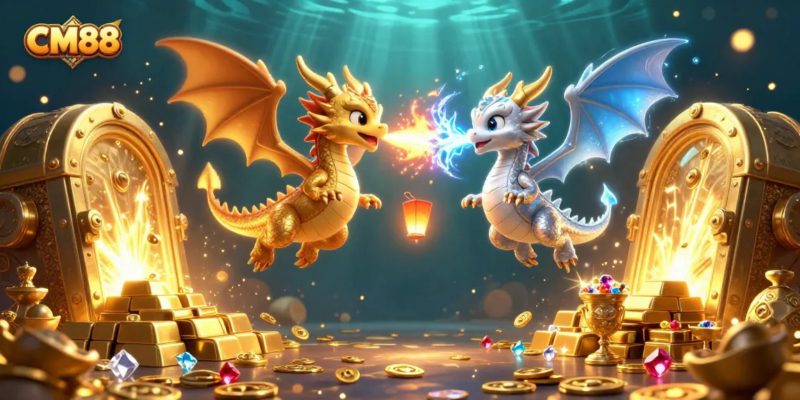 Experience thrilling gameplay at CM88 with captivating dragons and abundant treasures in this stunning illustration.