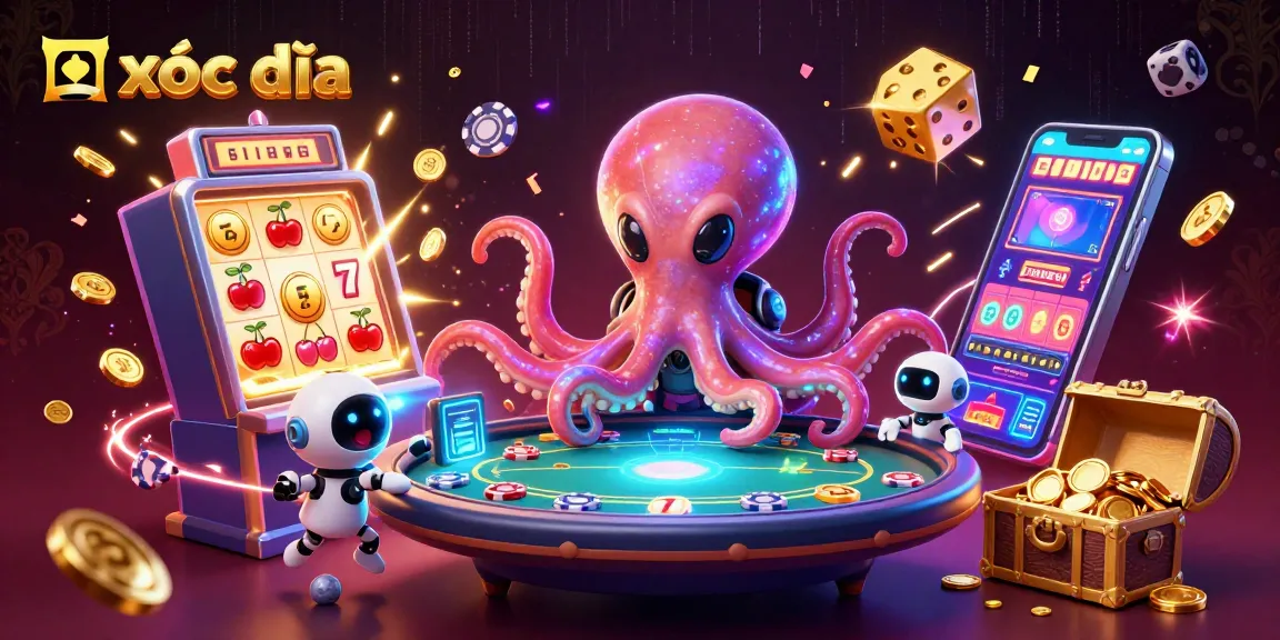 Xóc đĩa engages players with an exciting scene of alien octopus and robot at a cosmic poker table.