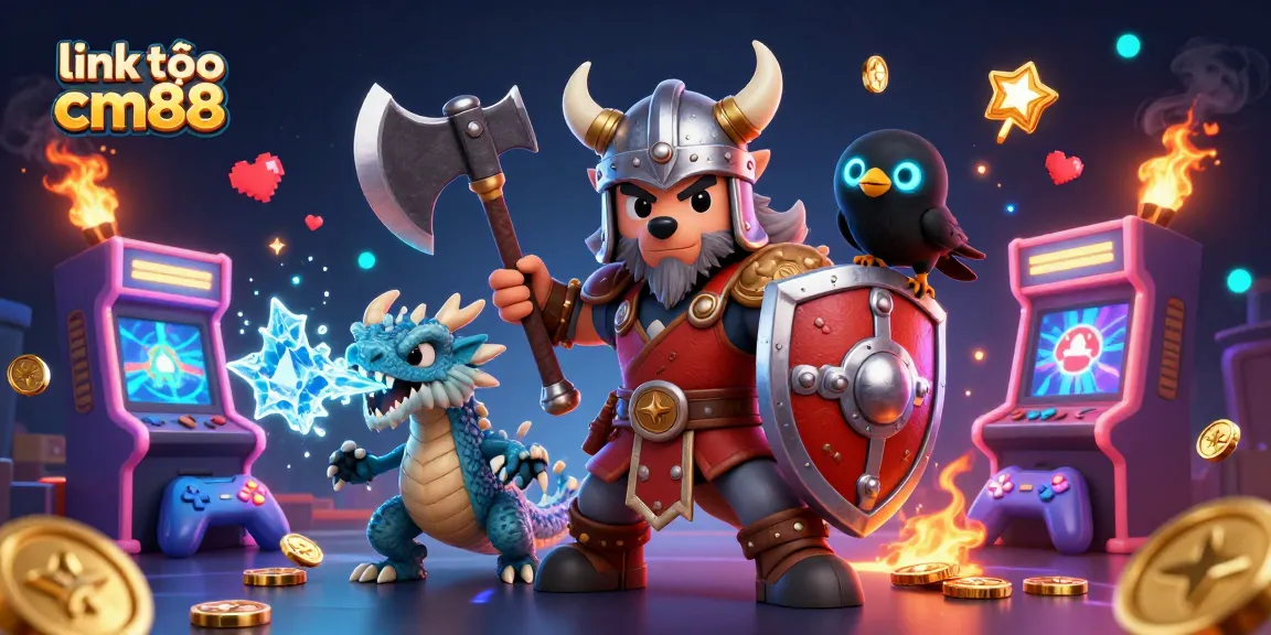 Engage with link vào cm88 through an exciting 3D casino illustration featuring a Viking wolf warrior, dragon, and gaming elements.