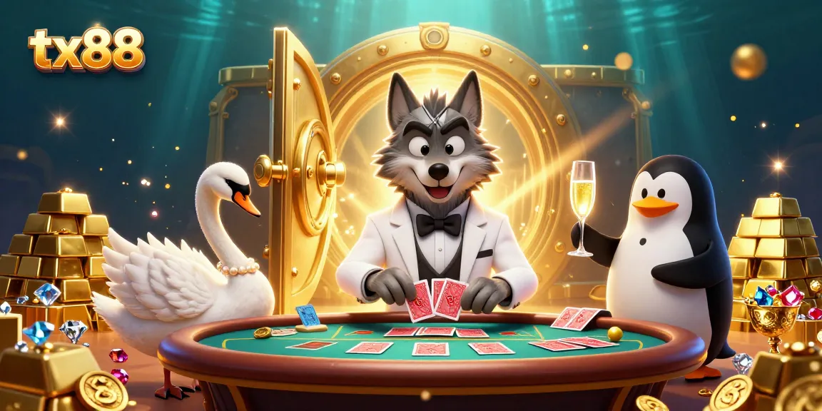 Embrace the thrill of winning at tx88 with a captivating baccarat scene featuring a debonair wolf, elegant swan, and sophisticated penguin.