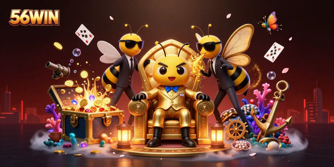 Engage with 56WIN's vibrant cartoon casino scene featuring a bumblebee mob boss and dynamic game elements.