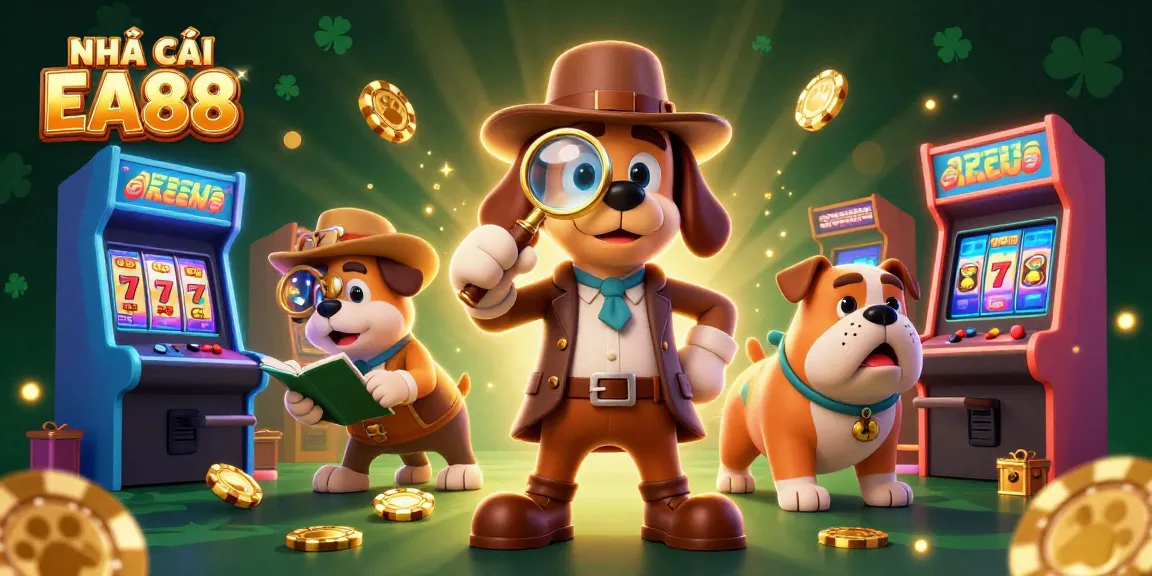 Engage with NHÀ CÁI EA88's vibrant casino adventure featuring a detective examining a golden poker chip.