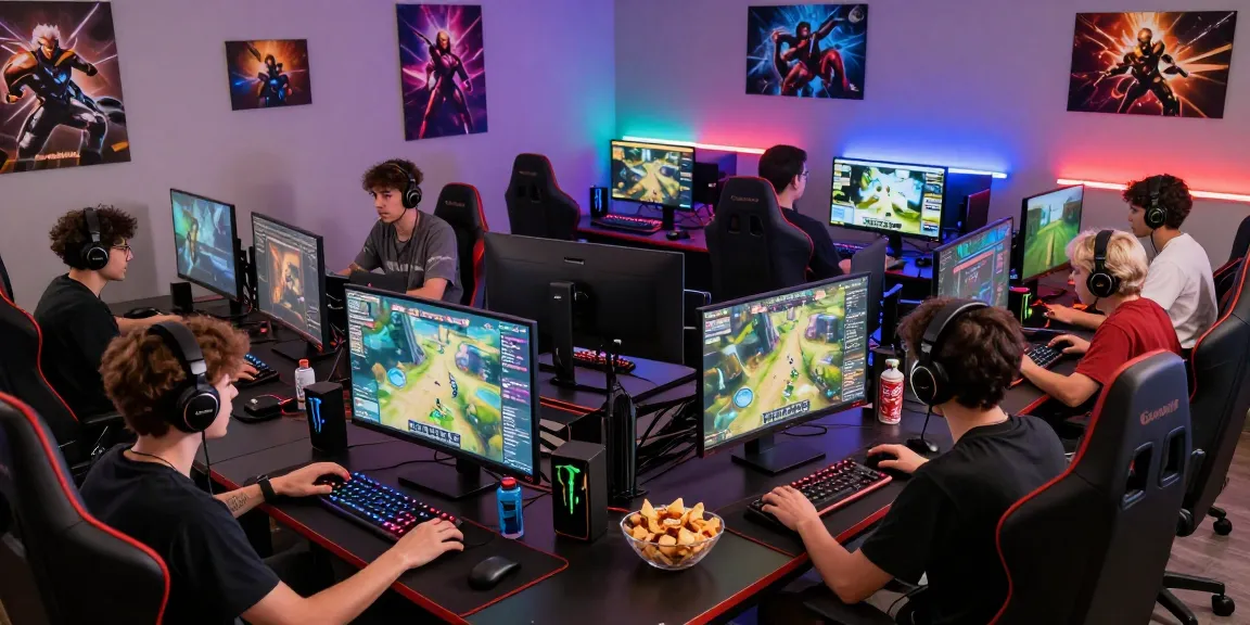 Aktivitas komunitas gaming dengan boswin88 login, gamer berdiskusi strategi, perangkat gaming modern, suasana ceria.