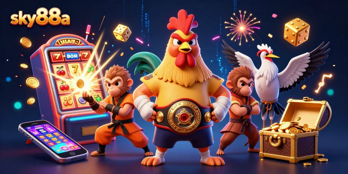 Engaging 3D casino scene showcasing sky88a's vibrant characters with a jackpot explosion.