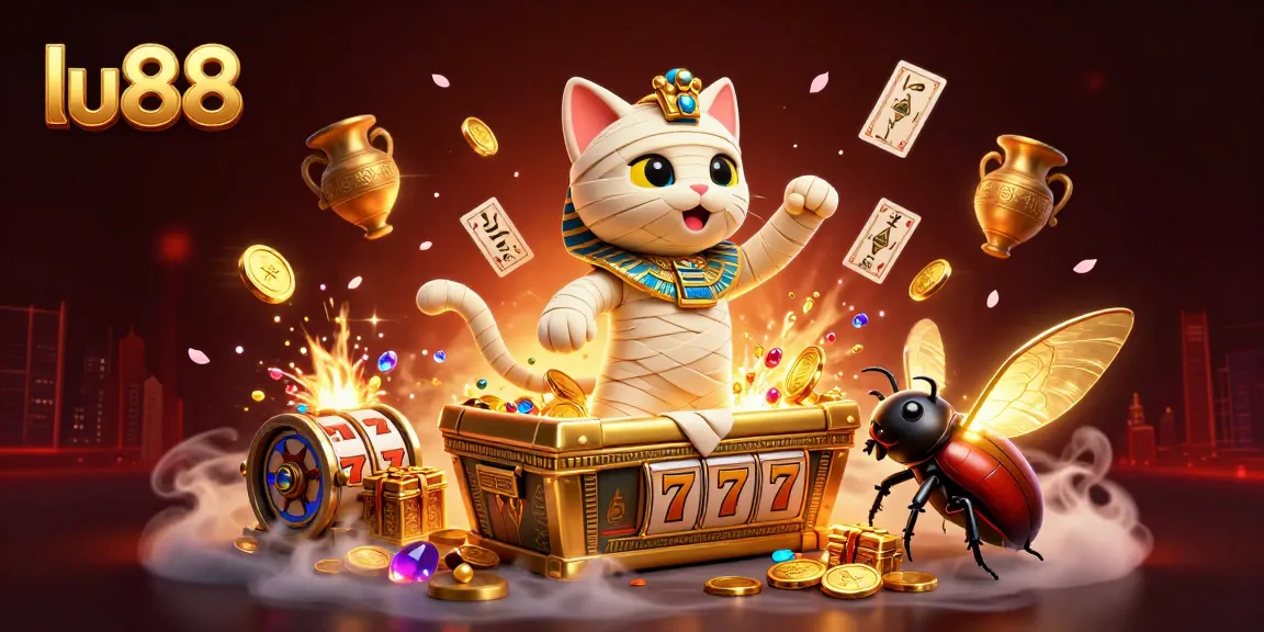 Experience thrilling casino adventures at lu88 with a majestic mummy cat and treasures in a vibrant pyramid.