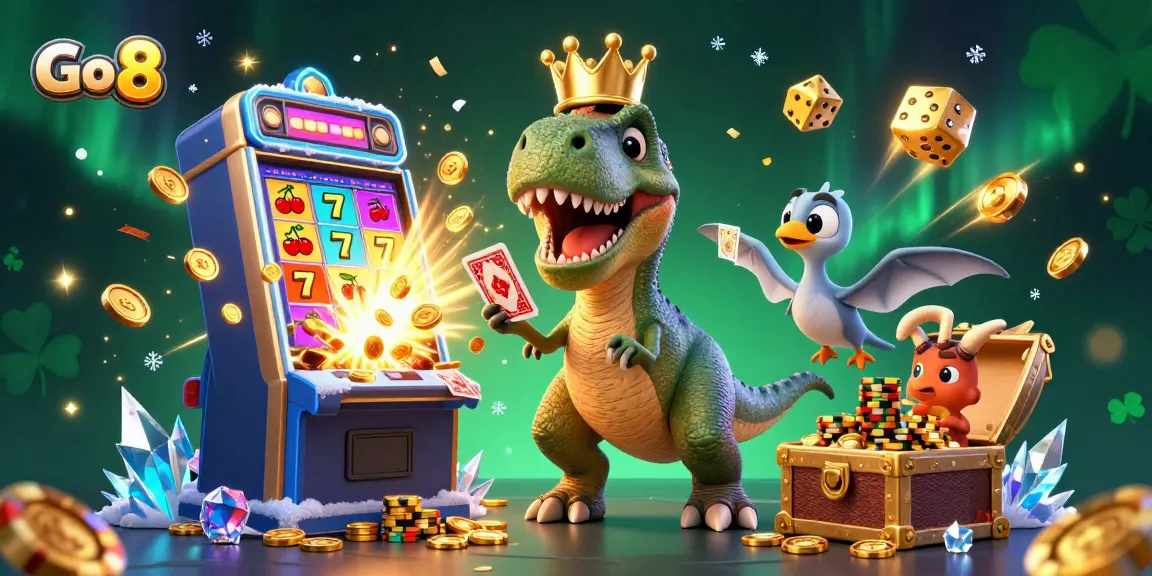 Experience thrilling wins with Go 8 in this vibrant 3D casino scene featuring characters and golden rewards.