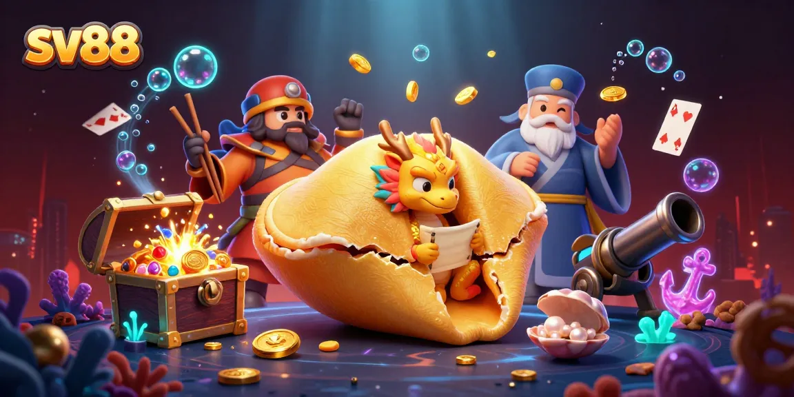 sv88 players enjoy winning with a giant fortune cookie revealing hidden fortunes in a vibrant 3D casino scene.