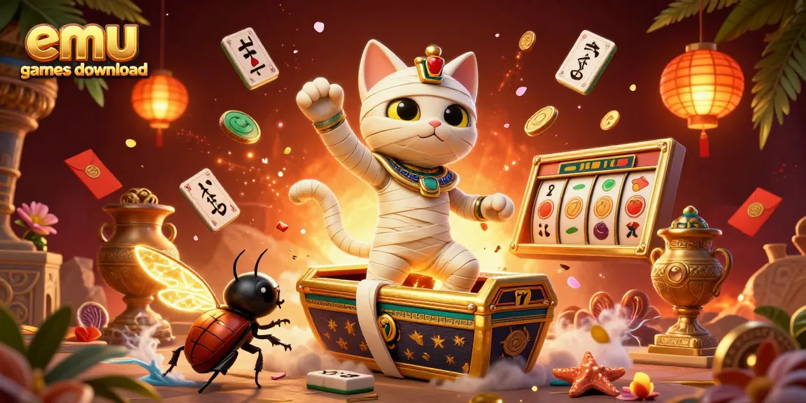 Experience the thrill of emu games download with a vibrant casino scene featuring a mummy cat and gold elements.