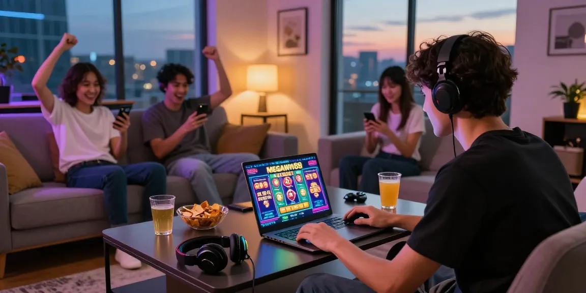 Pengalaman bermain megawin88 slot online di ruang tamu modern dengan teman-teman.